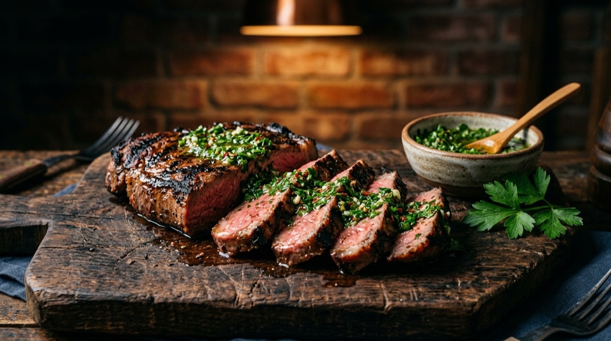 Chimichurri over a sliced grilled churrasco steak