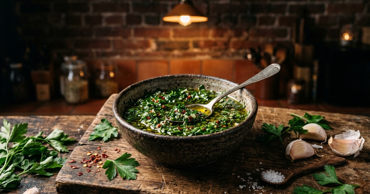 Bowl of green chimichurri sauce with parsley and garlic on a wooden board