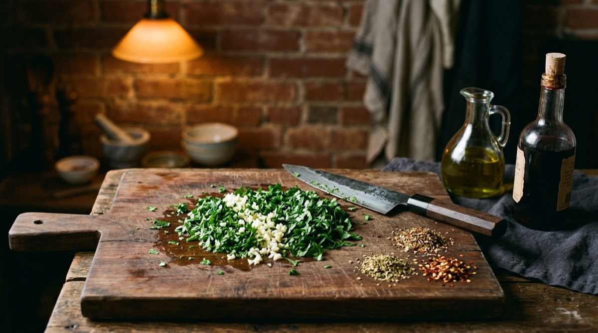 Parsley and garlic chopped by knife to make chimichurri