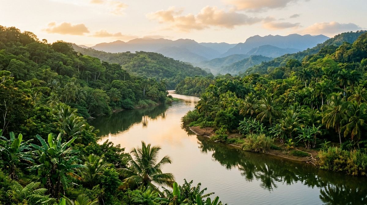 Border landscape of Hispaniola with river and green mountains at sunset