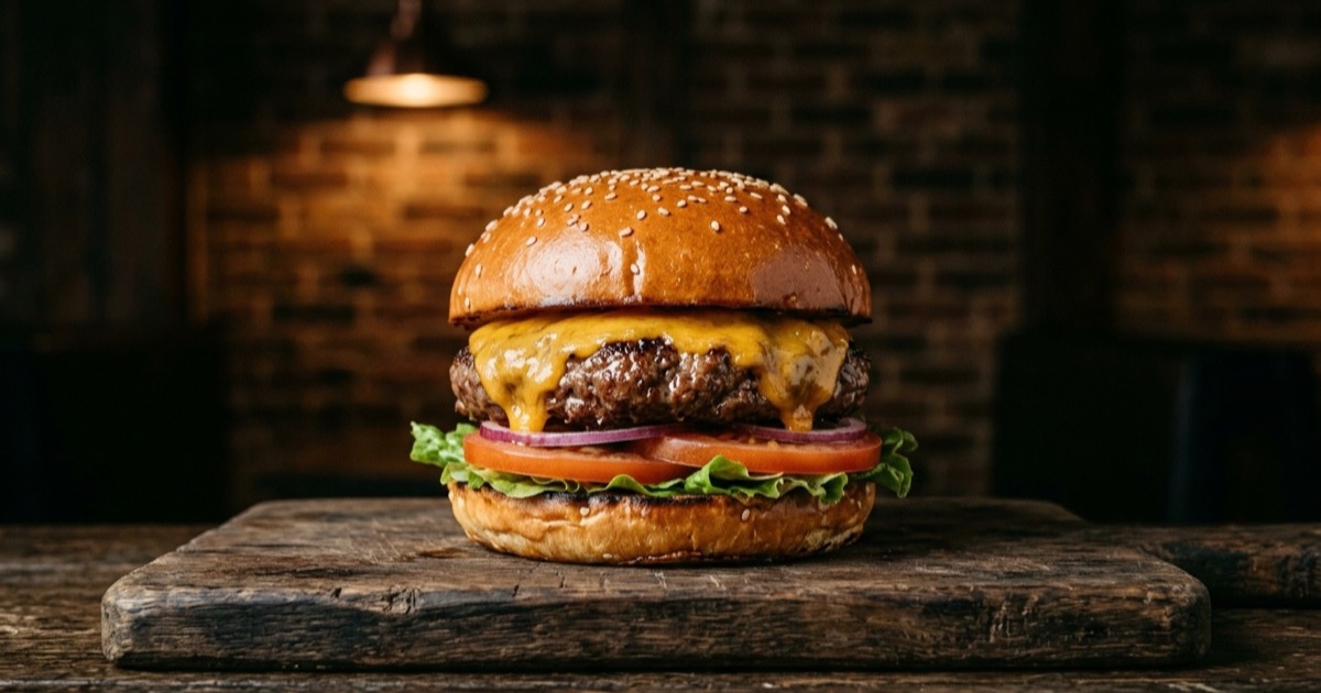 Hamburguesa clásica con queso cheddar fundido, lechuga, tomate y cebolla en pan brioche con sésamo