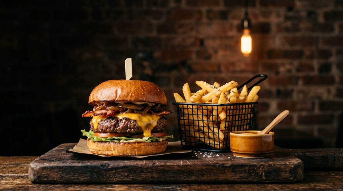 Hamburguesa con queso y bacon junto a una cesta de papas fritas doradas
