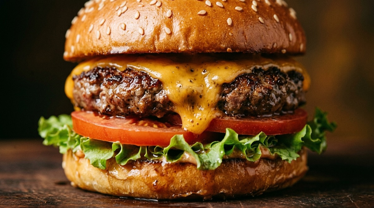 Primer plano macro de una hamburguesa jugosa mostrando la carne con costra y el queso cheddar fundido