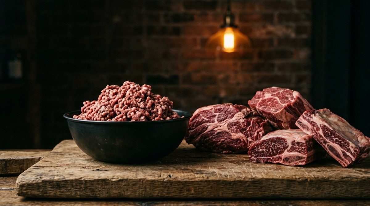 Carne molida fresca en un bol metálico junto a trozos crudos de aguja, brisket y short rib sobre tabla de madera