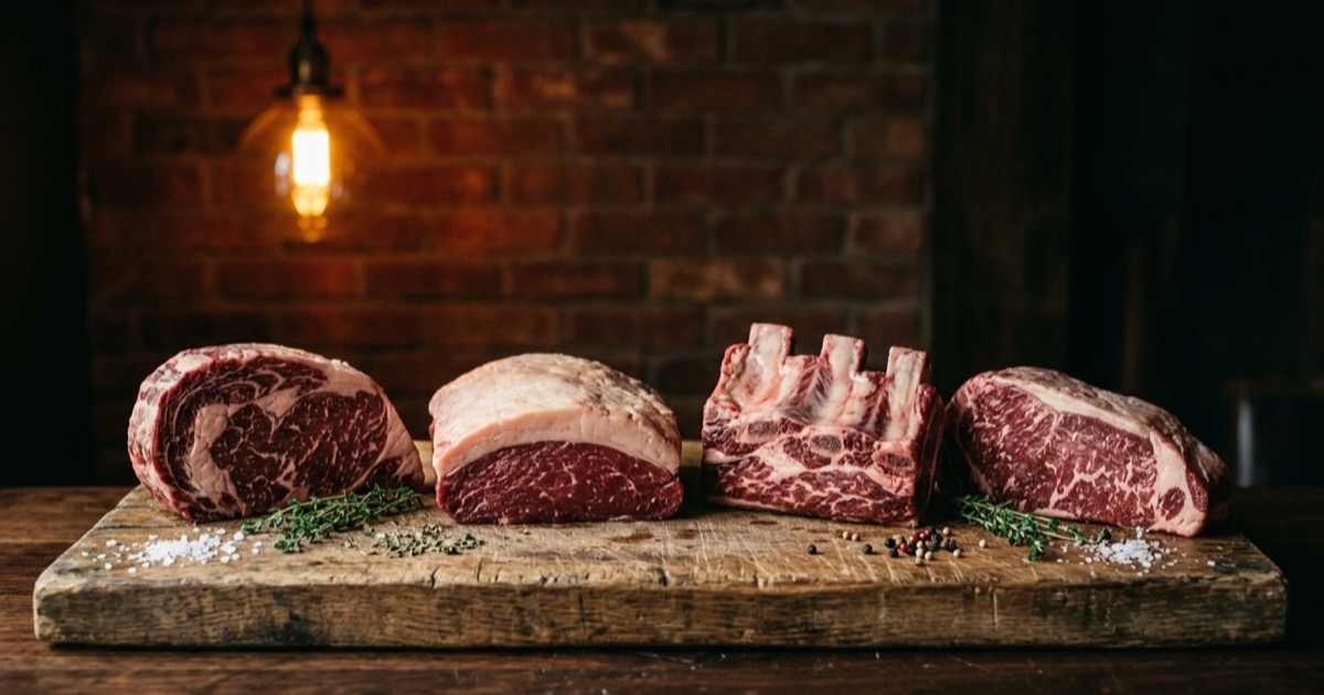 Selección de cortes de res crudos sobre tabla de madera: ribeye marmoleado, picaña con capa de grasa, short ribs y New York strip