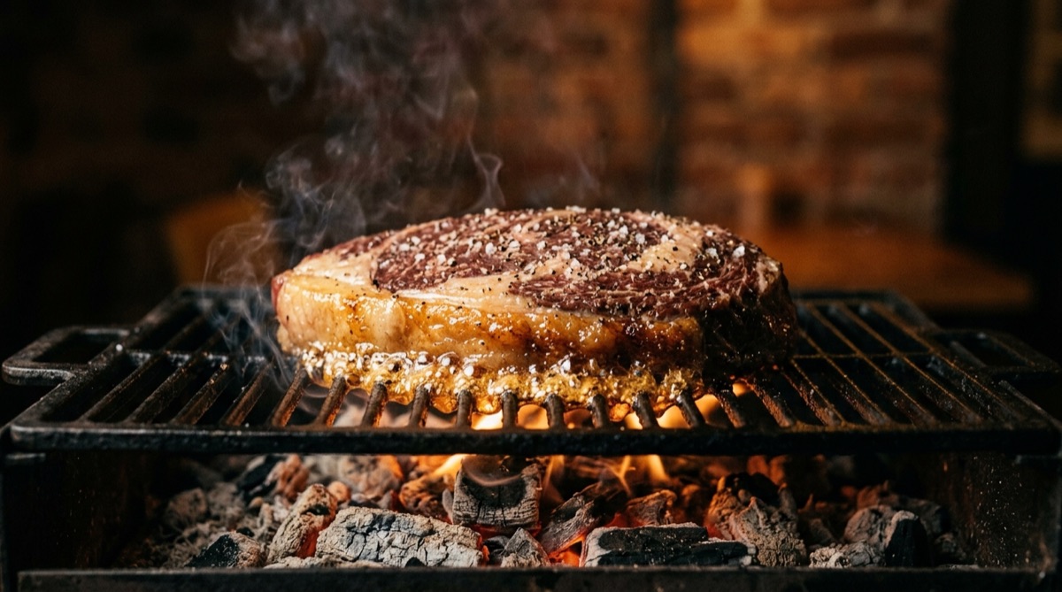 Picaña con su capa de grasa dorándose sobre brasas de carbón con sal gruesa
