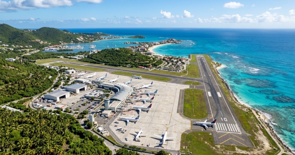 Vista aérea de un aeropuerto internacional tropical con pista junto al mar turquesa del Caribe