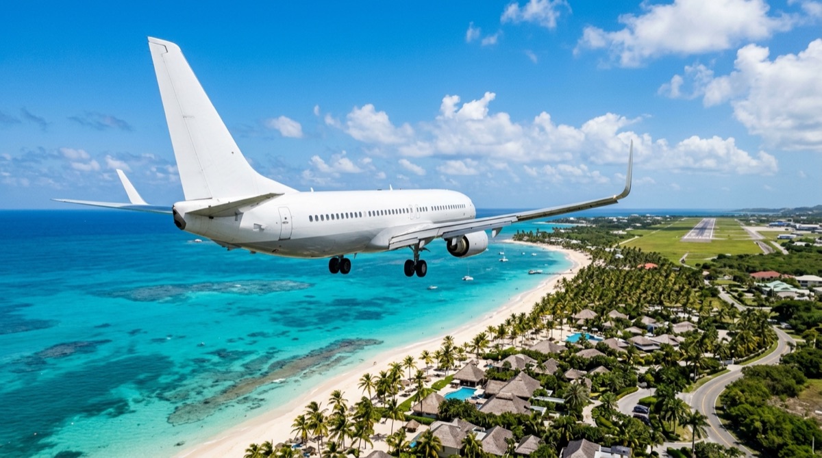 Avión comercial descendiendo para aterrizar sobre la costa turquesa del Caribe dominicano