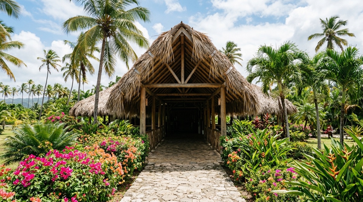 Terminal de aeropuerto tropical con techo de palma estilo palapa rodeado de palmeras y jardines