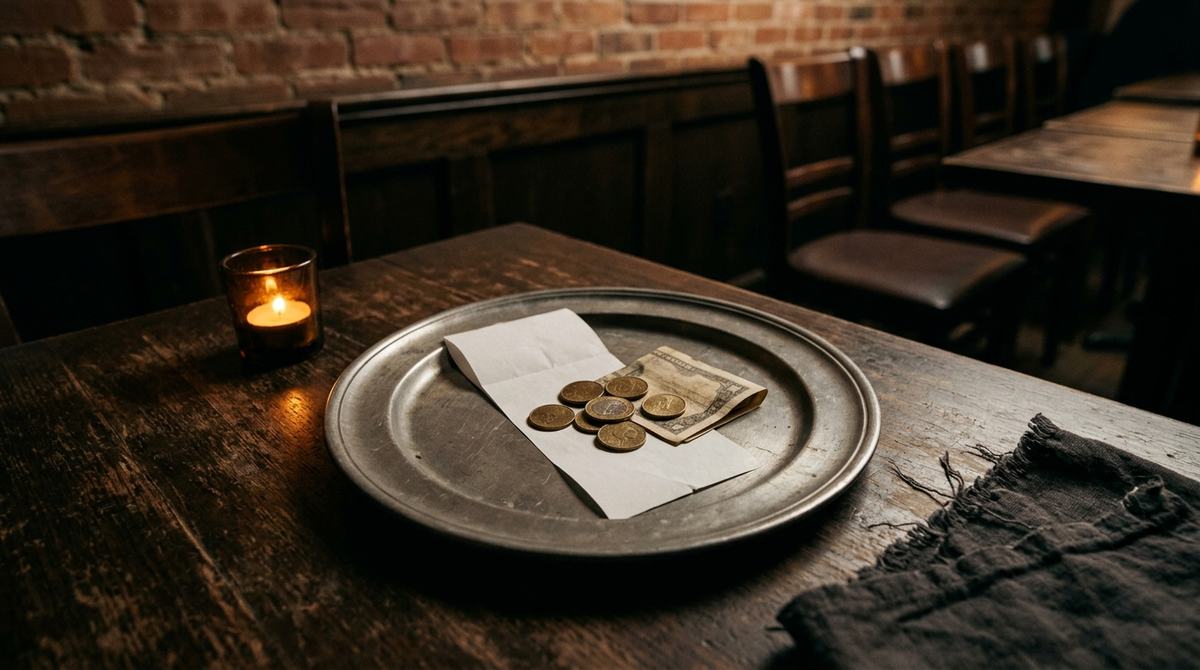 Leather check presenter with Dominican pesos cash on a wooden restaurant table