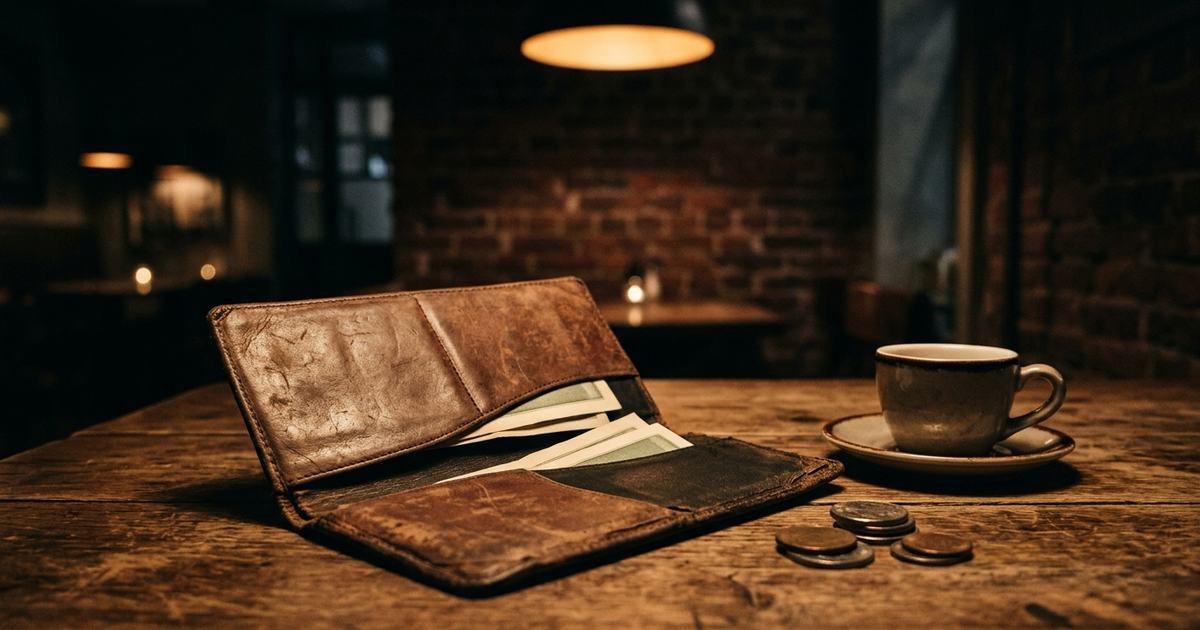 Bill holder with Dominican pesos and receipt on a warm-lit restaurant table