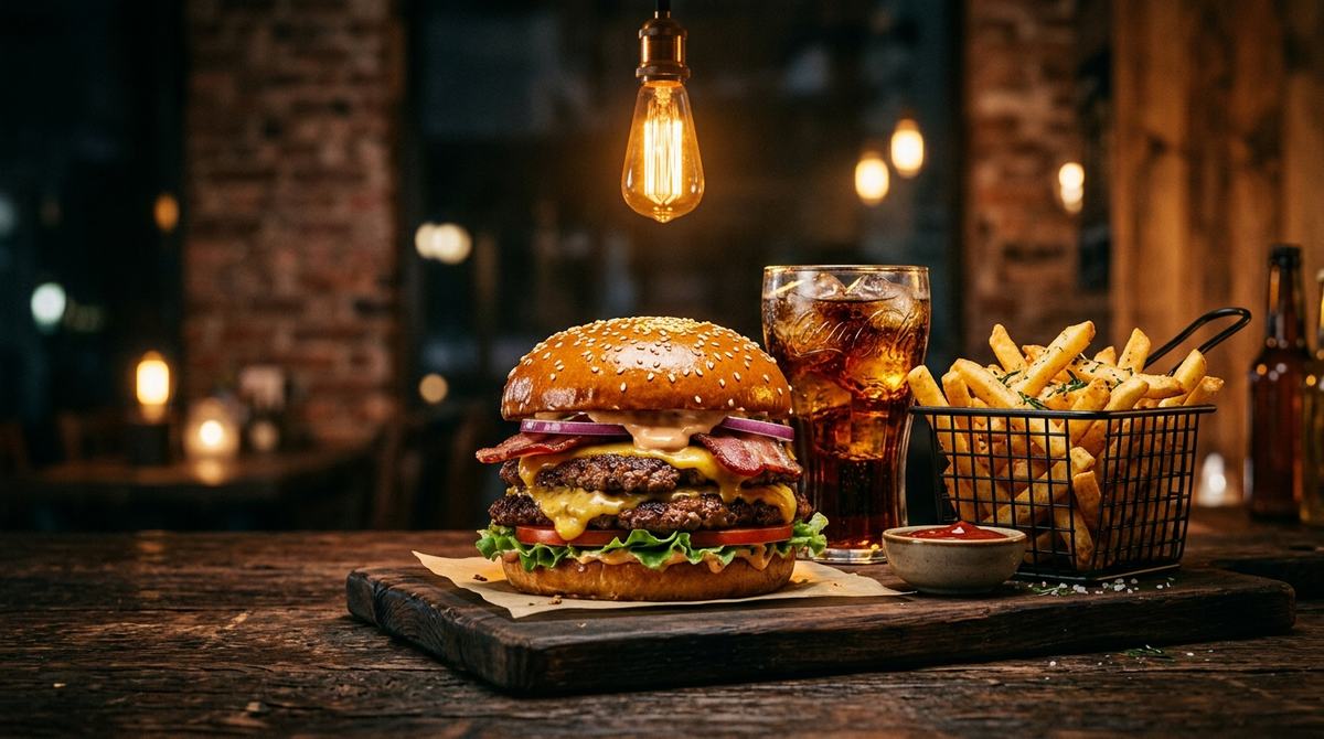Valerio Burger Club table with gourmet burger, fries, and drink under warm lighting