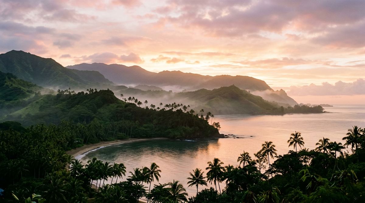 Mountainous, green coastline of La Española at sunrise, the Taíno 'land of mountains'