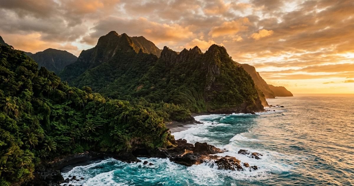 Mountainous landscape and coastline of Hispaniola at golden sunset