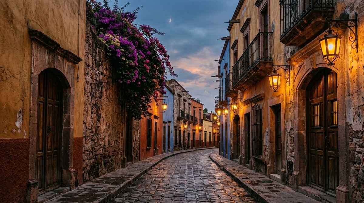 Colonial cobblestone street in Santo Domingo with stone architecture and warm lighting