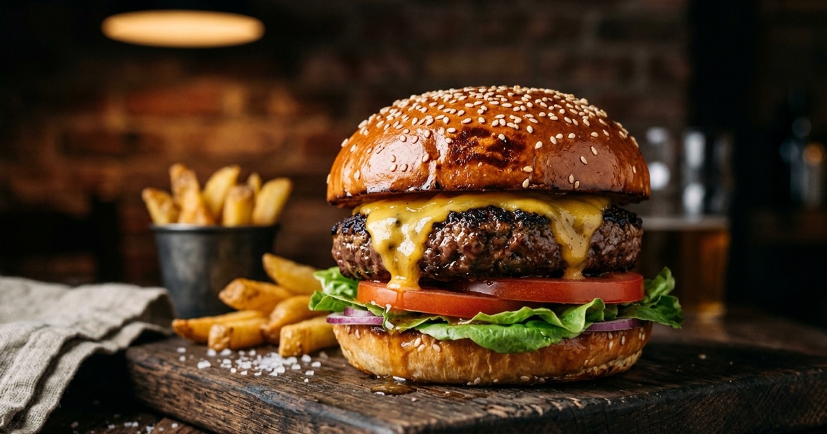 Juicy oven-baked burger with melted cheese on a wooden board