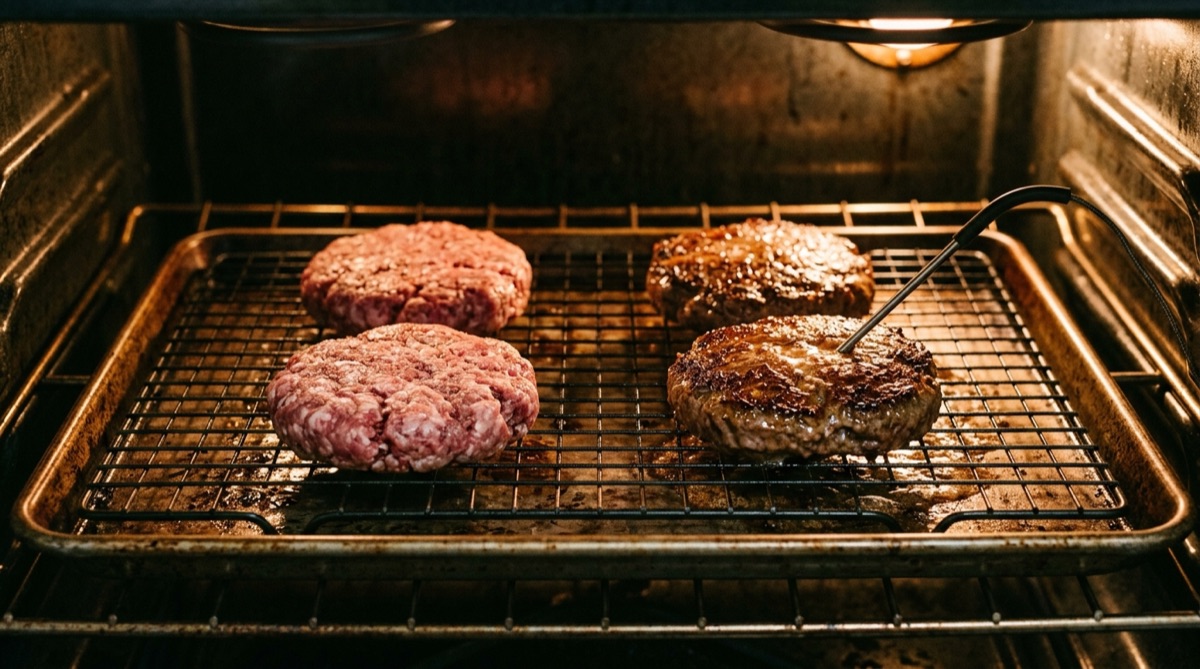 Burger patties cooking on a wire rack inside the oven