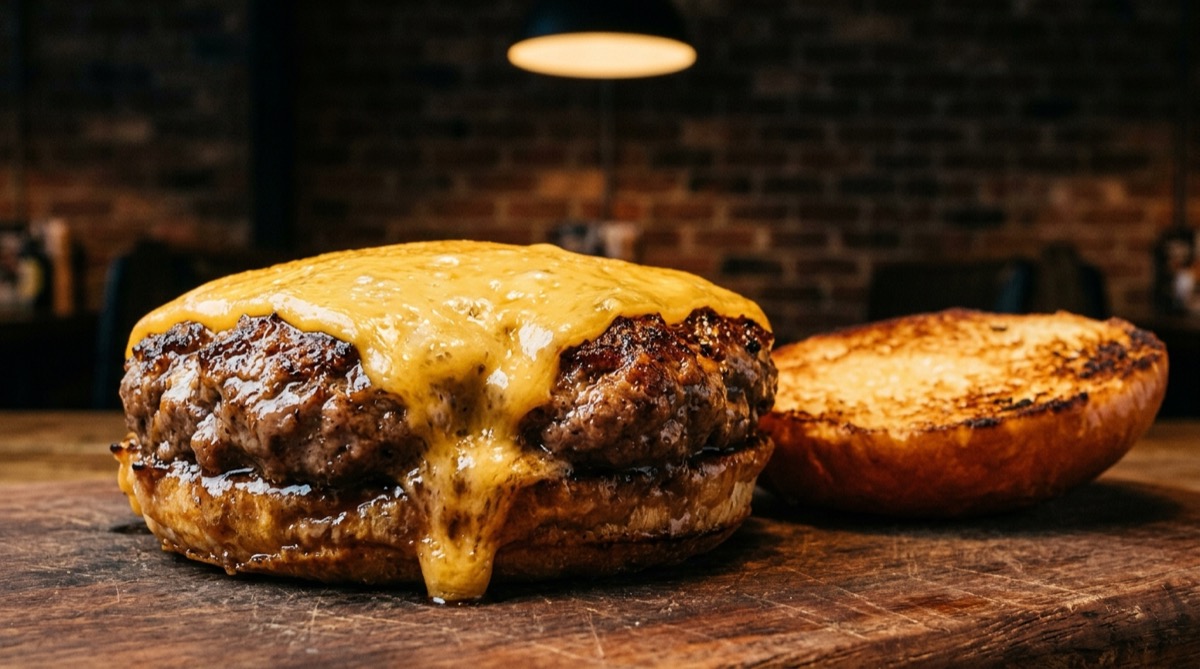 Assembled burger with melted cheddar cheese and a toasted brioche bun