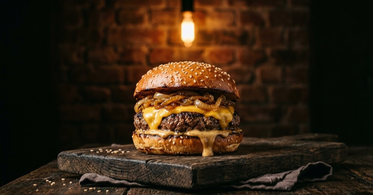Hamburguesa con cebolla caramelizada dorada, cheddar fundido y salsa de miel y mostaza chorreando en pan brioche