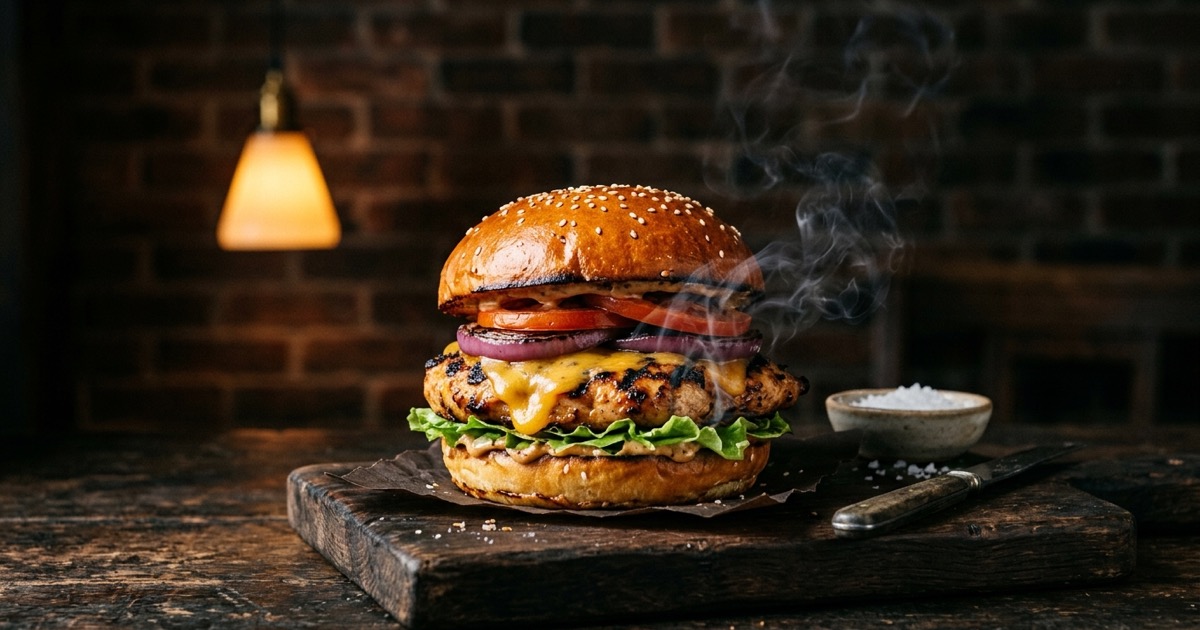 Grilled chicken burger with char marks and melted cheese on a wooden board