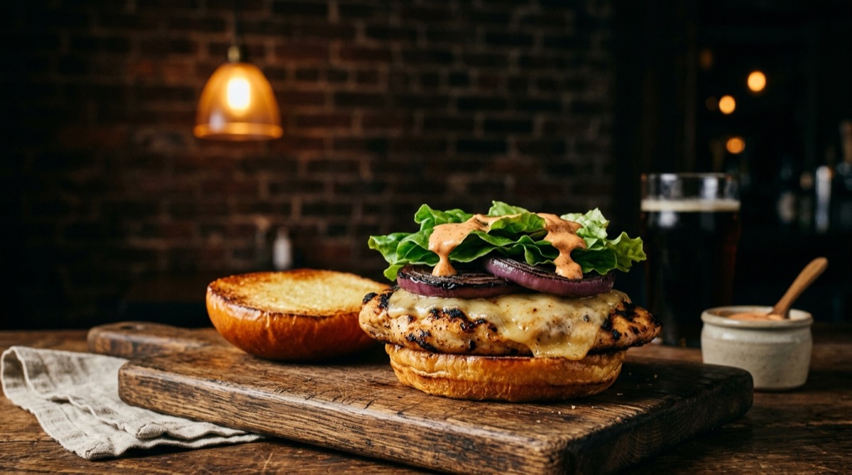 Grilled chicken burger assembled with grilled onion and melted cheese