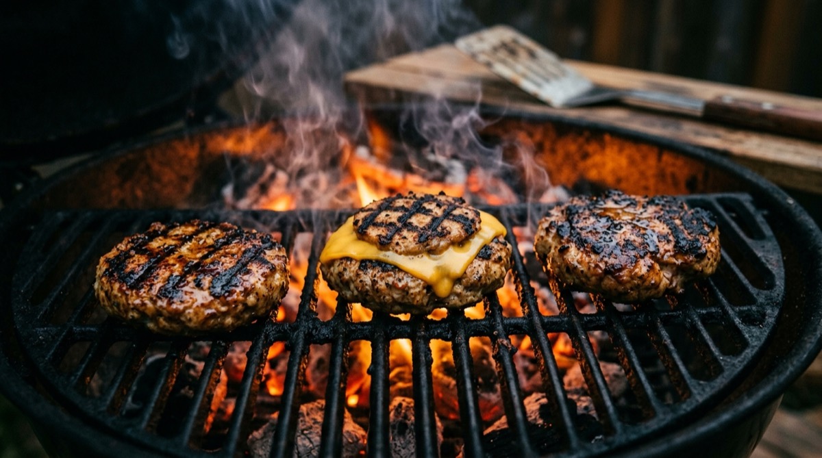 Chicken burger patties searing on a charcoal grill with crosshatch marks
