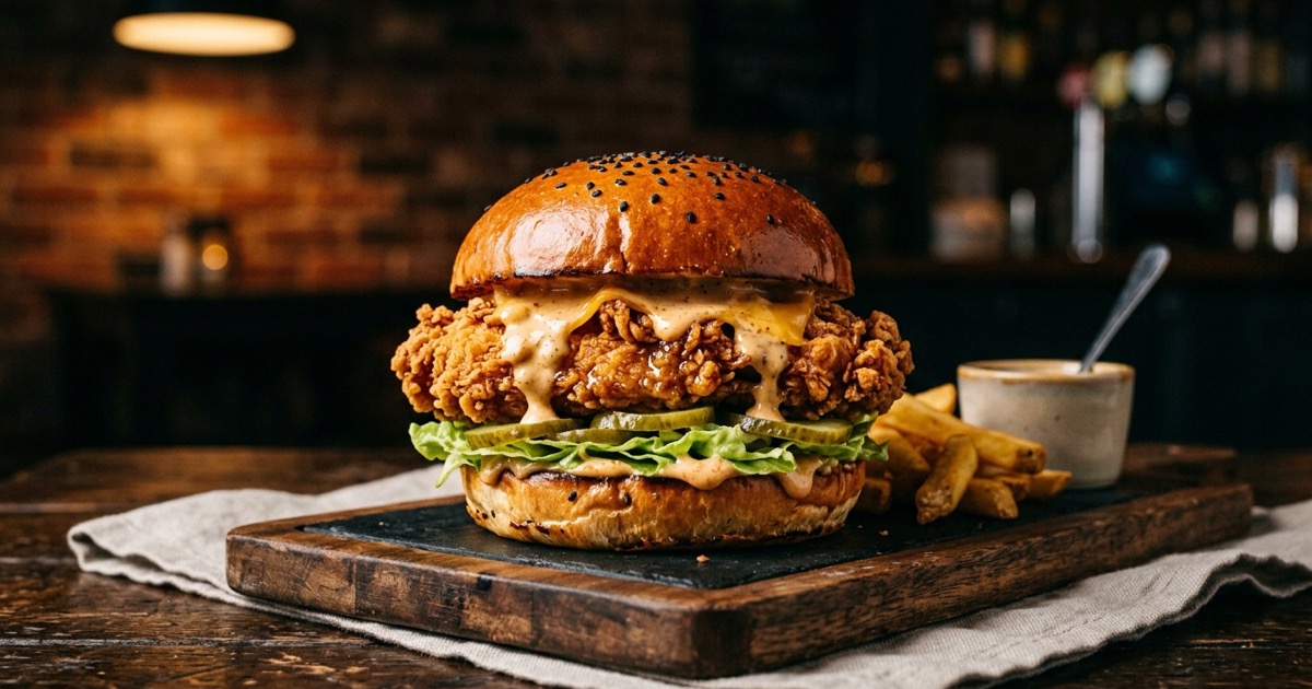 Crispy chicken burger with pickles and a brioche bun on a wooden board