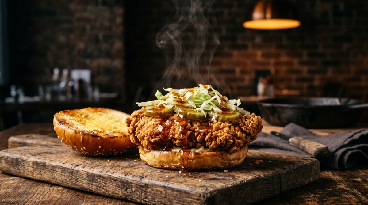 Crispy chicken burger assembled with pickles, sauce and a toasted brioche bun