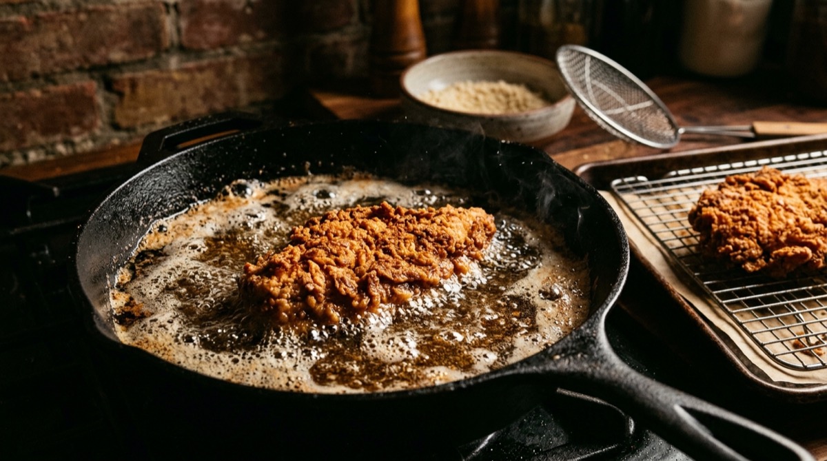 Breaded chicken fillet frying golden and crispy in hot oil