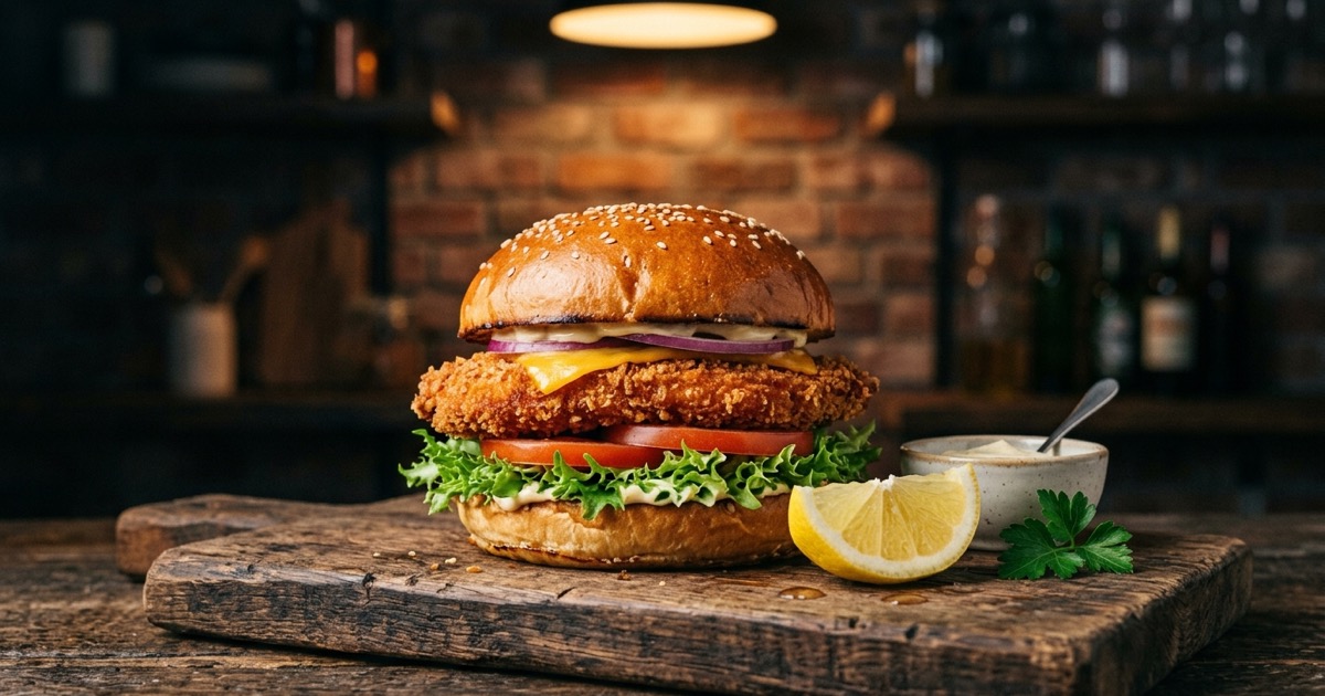 Golden milanesa-style breaded chicken burger on a wooden board