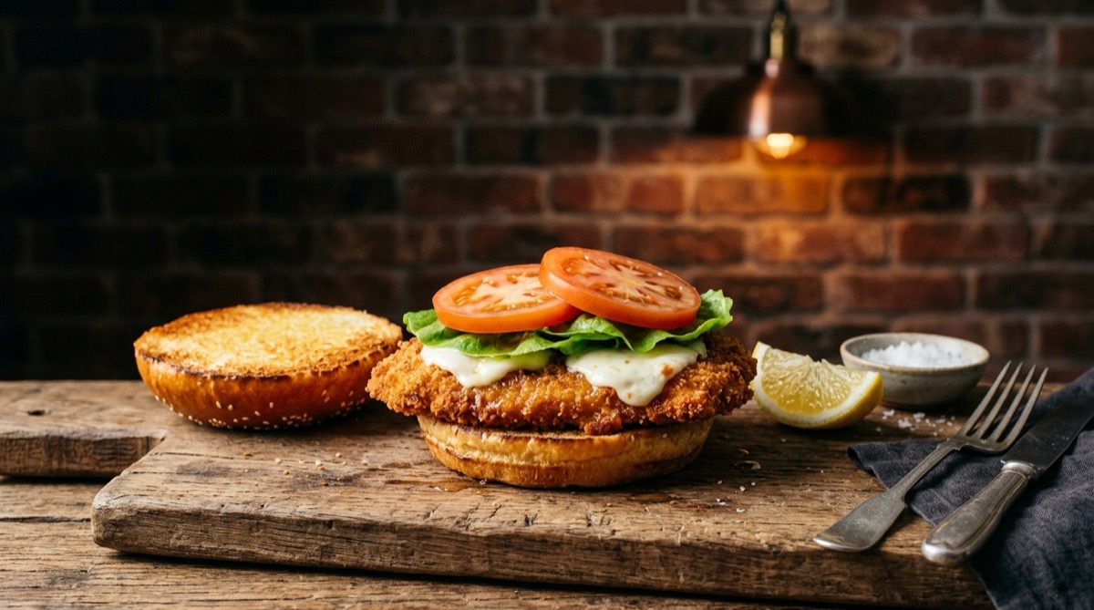 Breaded chicken burger assembled with lettuce, tomato and a brioche bun