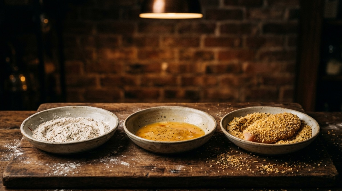 Three-step breading station: flour, beaten egg and breadcrumbs, with a chicken fillet