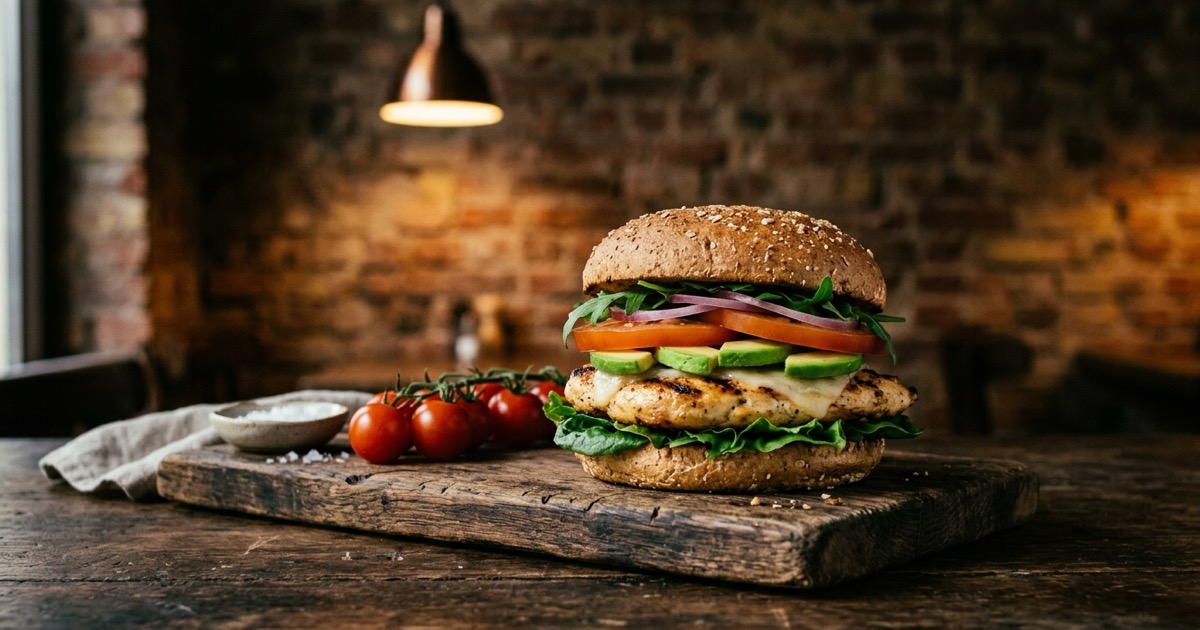 Healthy chicken burger with avocado and fresh vegetables on a wooden board