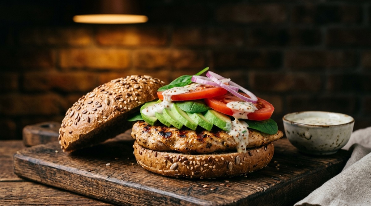 Open healthy chicken burger with avocado, tomato and leafy greens