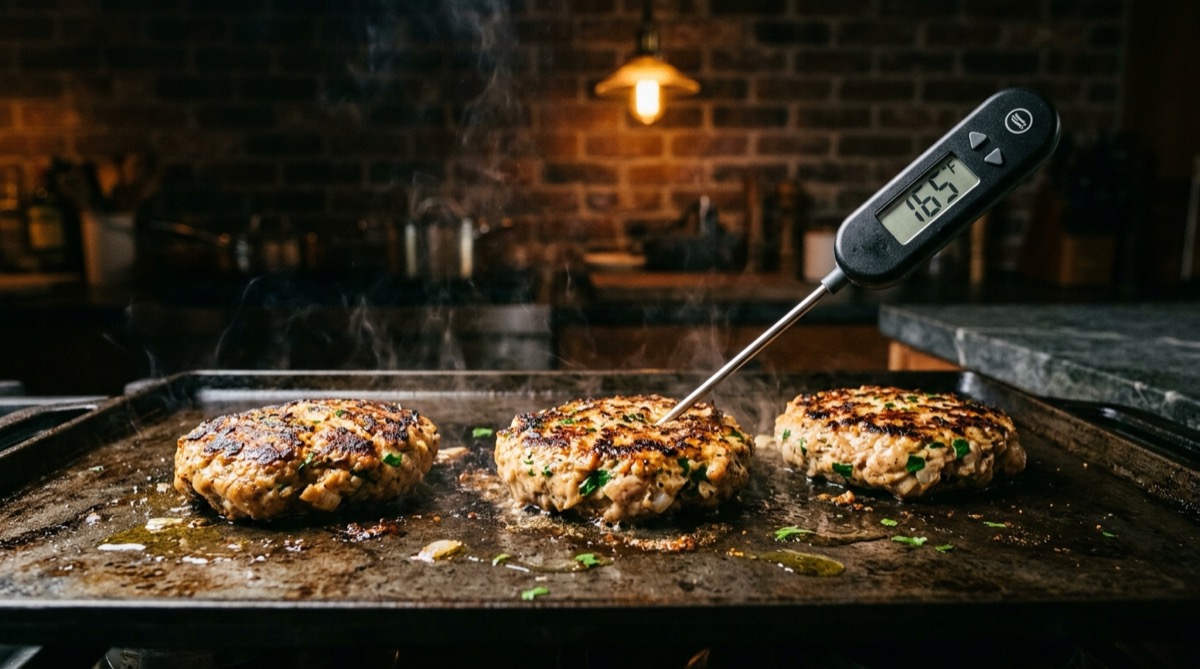 Chicken burger patties cooking until golden on a griddle