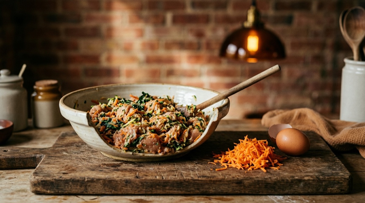Bowl of ground chicken and grated vegetables for shaping kids' burgers