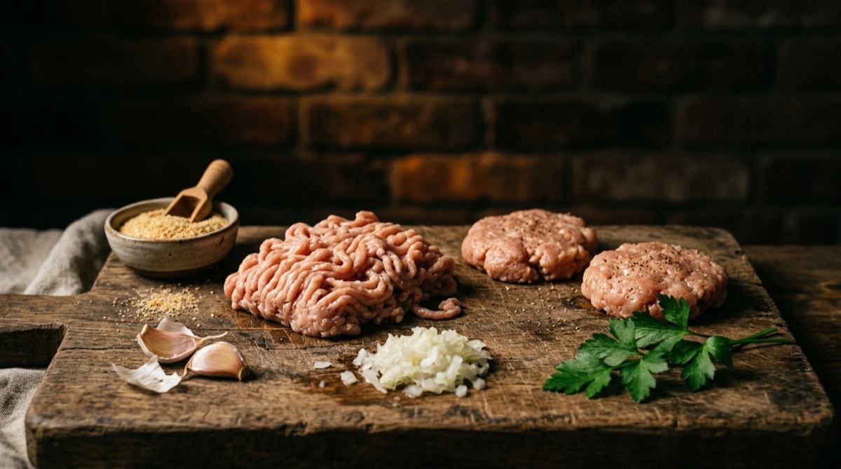 Fresh ground chicken and raw chicken burger patties on a wooden board