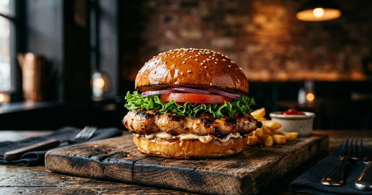 Juicy chicken burger with lettuce and tomato on a wooden board