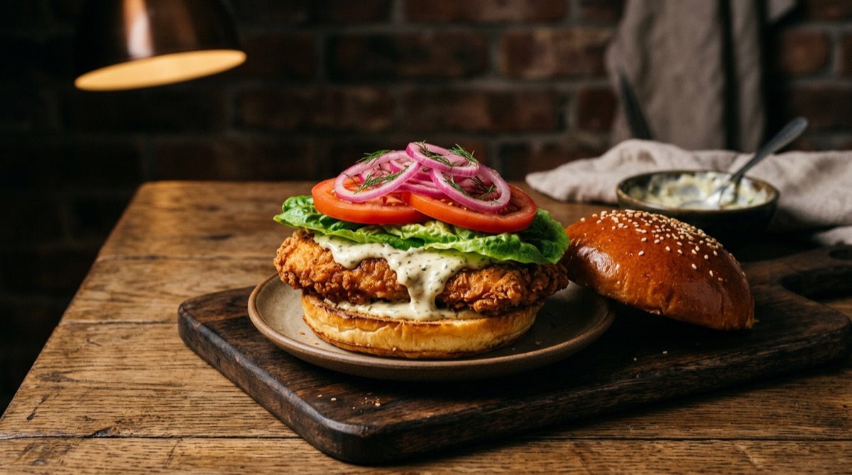 Chicken burger assembled with lettuce, tomato and a toasted brioche bun
