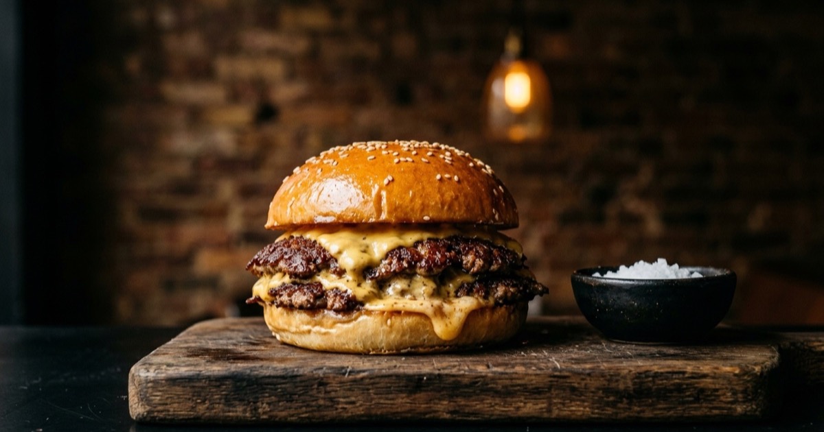Hamburguesa doble carne smash con dos medallones de costra dorada y doble queso americano fundido en pan brioche