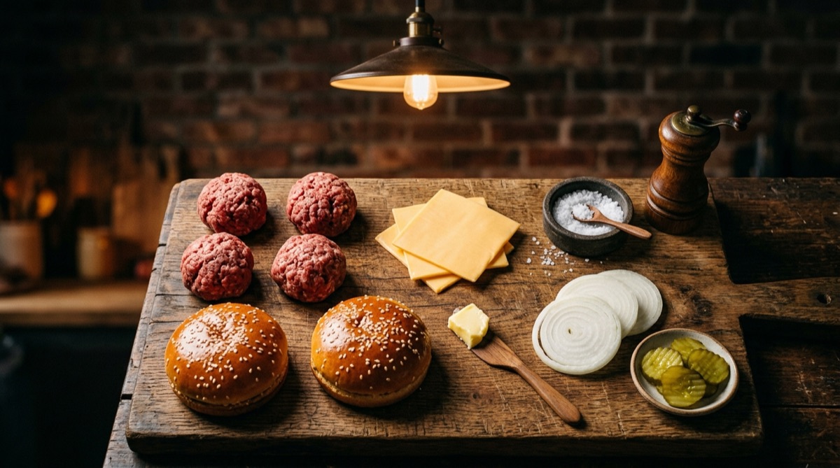 Ingredientes para hamburguesa doble carne: bolas de carne molida, lonchas de queso, panes brioche, mantequilla, cebolla y pepinillos sobre tabla de madera