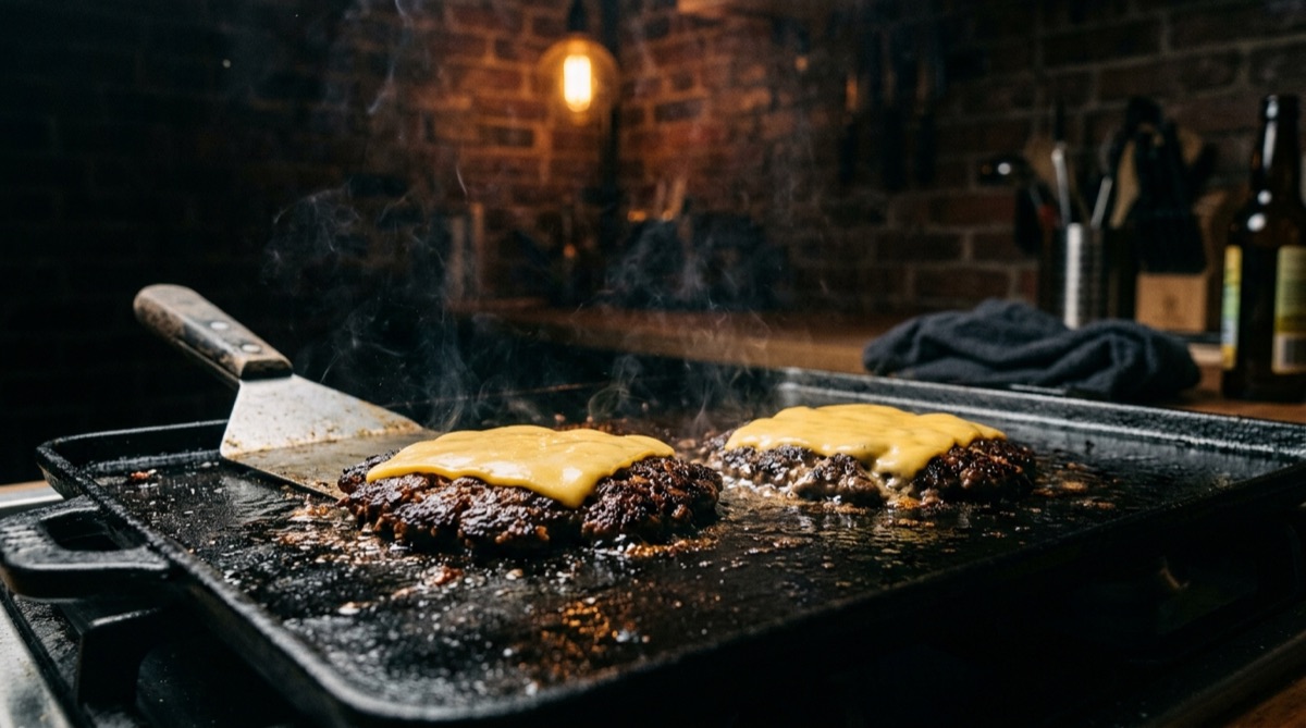 Dos medallones de carne con costra dorada cocinándose en plancha de hierro con queso fundiéndose encima