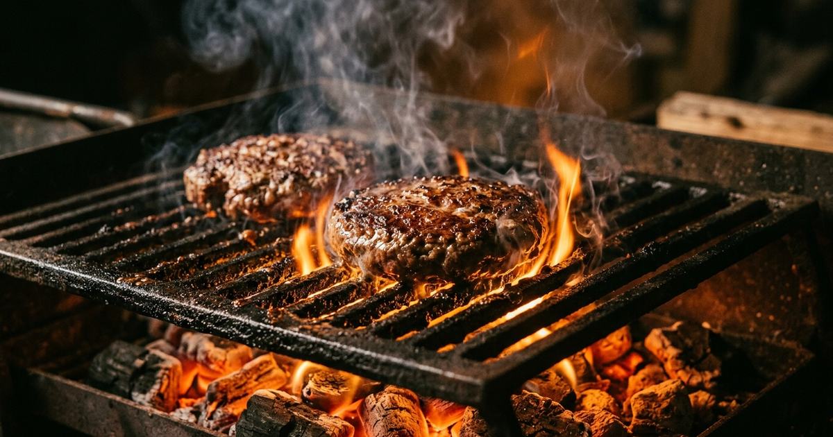 Beef burgers searing on a charcoal grill with flames and smoke