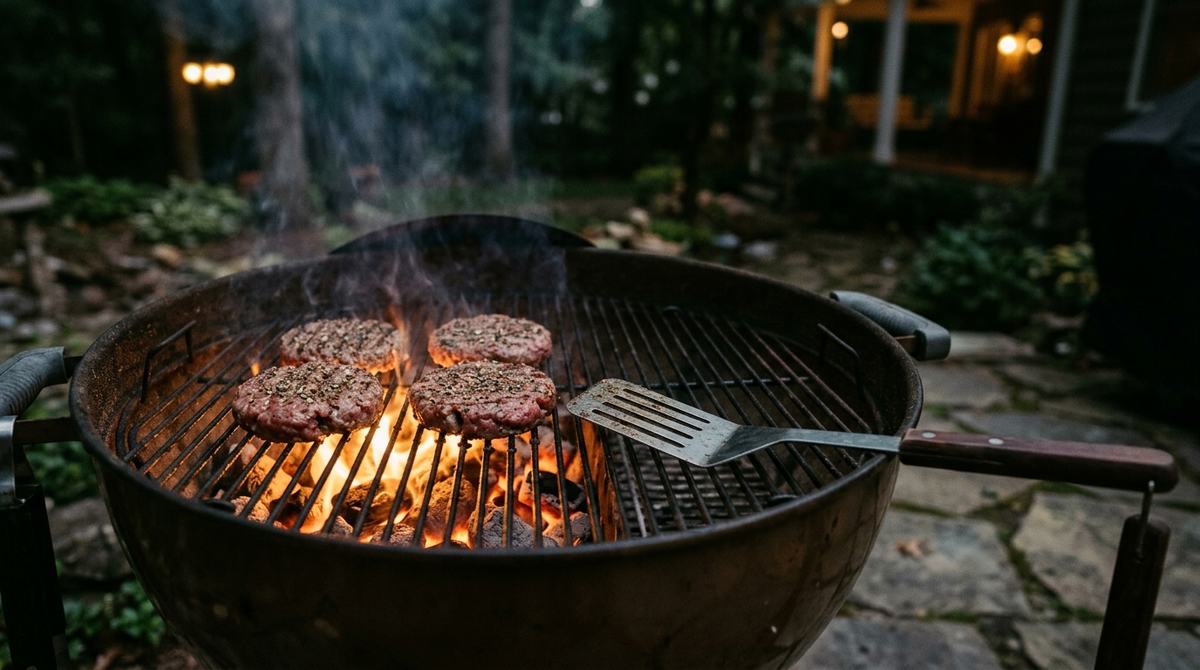 Beef patties searing on a charcoal grill grate with smoke and embers