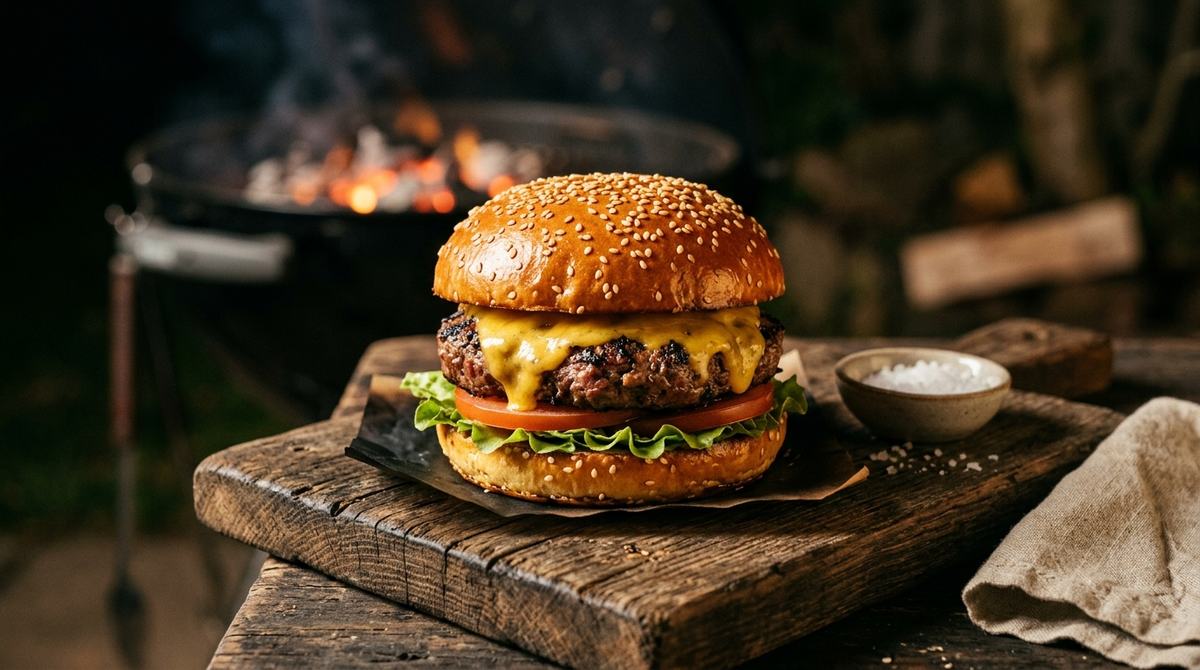 Finished grilled burger with melted cheese and brioche bun next to the grill