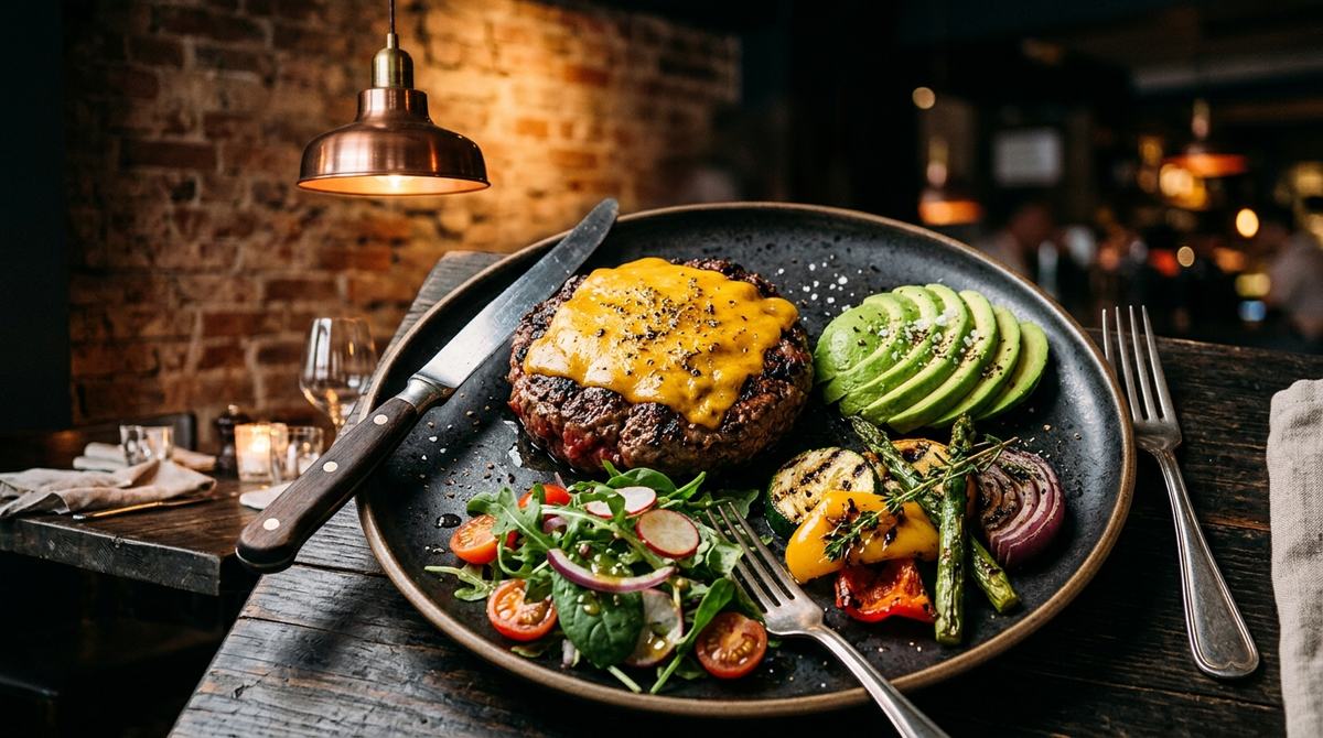 Burger on a plate with a juicy patty, melted cheese, and salad, served with knife and fork