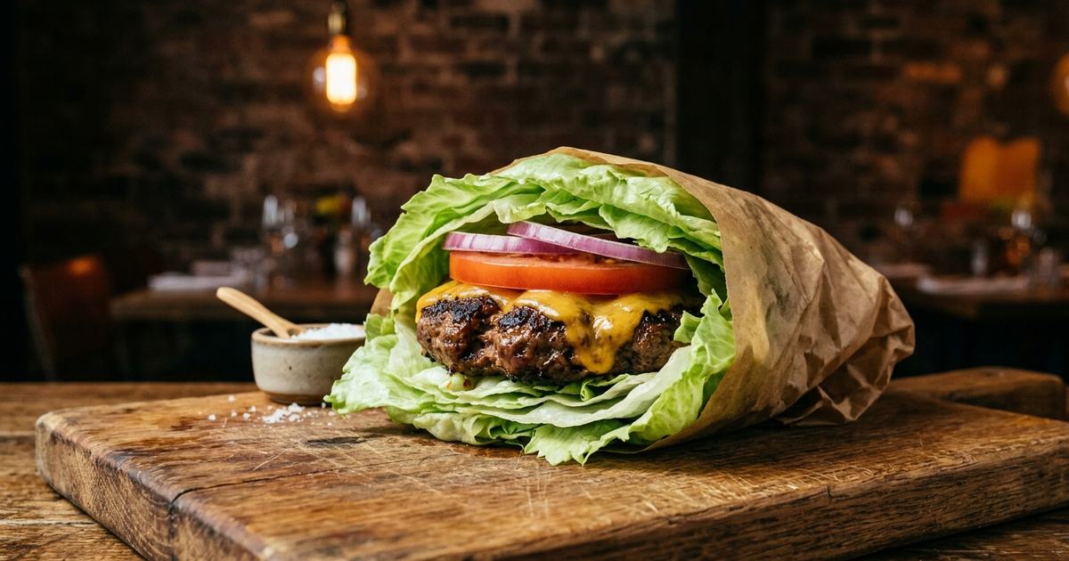 Bunless burger wrapped in lettuce leaves with cheddar cheese on a wooden board