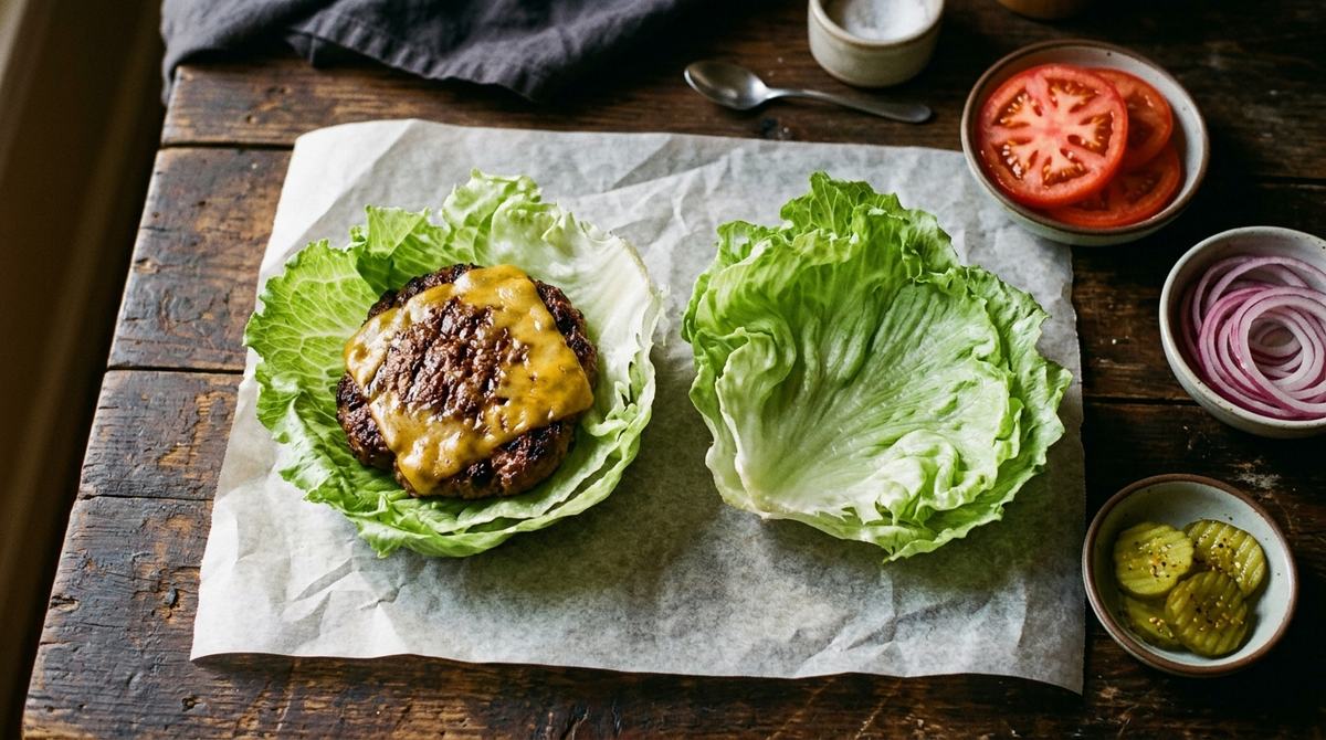 Lettuce wrap burger wrapped in iceberg lettuce leaves with cheddar cheese and tomato