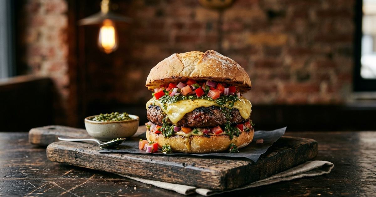 Argentinian grilled burger with chimichurri, provoleta and salsa criolla