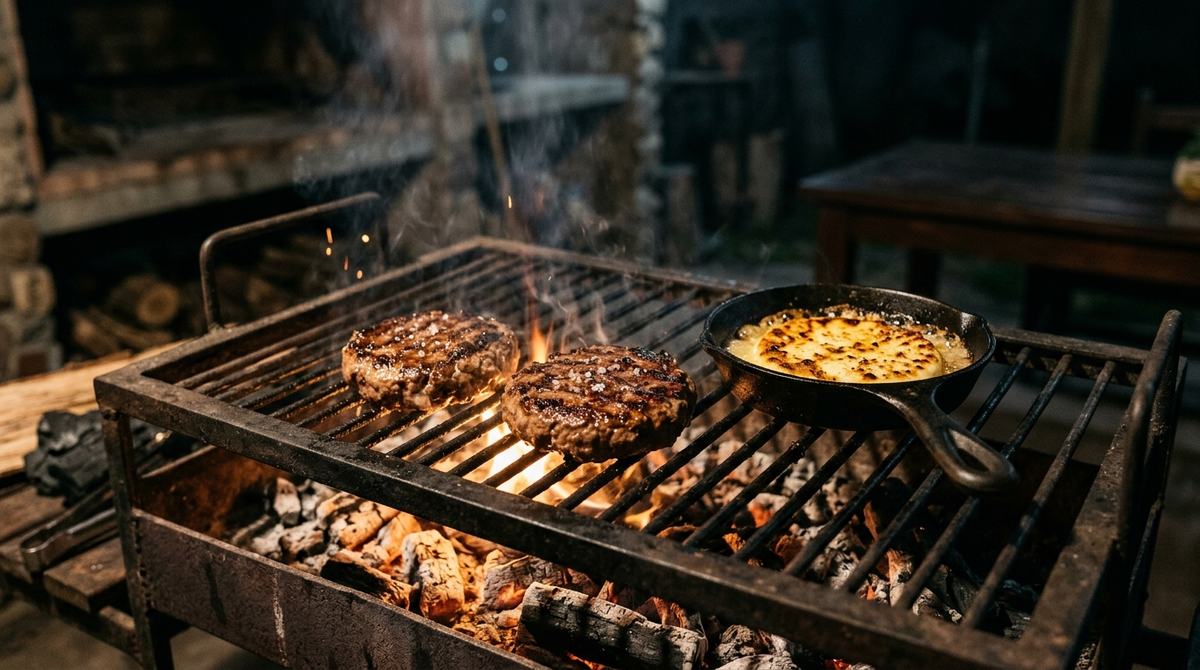 Argentine burger grilled over coals with golden provoleta melting over the meat